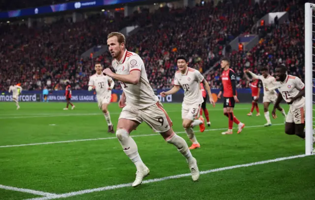 Harry Kane of Bayern Munich celebrates scoring his team's first goal.