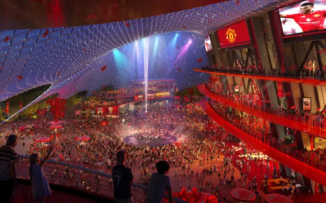 A concept image from inside of Manchester United's new stadium at night