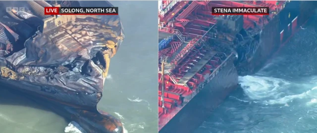 Split image of the Solong and Stena Immacualte ships. Solong on the left has visible charring and hole at the front. Stena Immaculate on the left has water pouring out of the side, into the sea. Aerial shots.