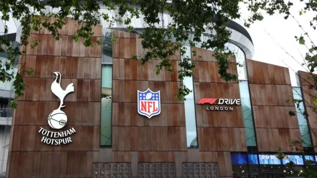 General view outside the stadium with Tottenham, NFL and F1 Drive London signs