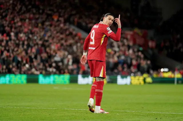 Liverpool's Darwin Nunez reacts during the UEFA Champions League round of sixteen second leg match at Anfield