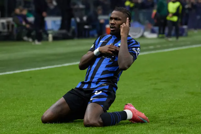 Marcus Thuram celebrates scoring for Inter Milan