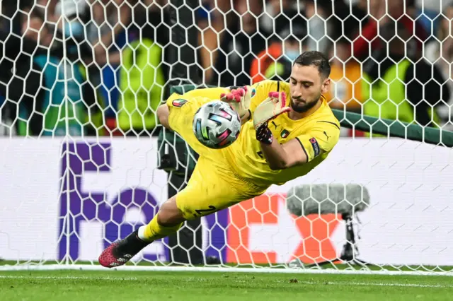 Gianluigi Donnarumma saves a penalty