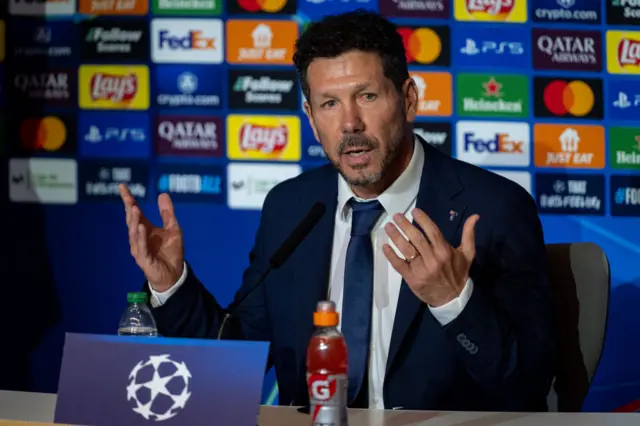 Diego Pablo Simeone, head coach of Atletico de Madrid, speaks during the press conference