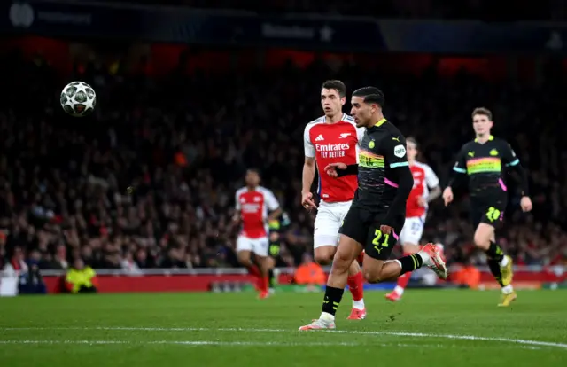 Couhaib Driouech of PSV Eindhoven scores his team's second goal.