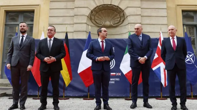 (L-R) Polish Deputy Prime Minister and Minister of National Defence Wladyslaw Marcin Kosiniak-Kamysz, German Minister of Defence Boris Pistorius, French Minister of the Armed Forces Sebastien Lecornu, Italian Minister of Defense Guido Crosetto, and British Secretary of State for Defence John Healey pose for photographers at the Defense ministers in E5 format meeting in Paris, France, 12 March 2025