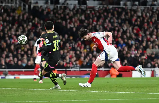 Declan Rice of Arsenal scores his team's second goal.