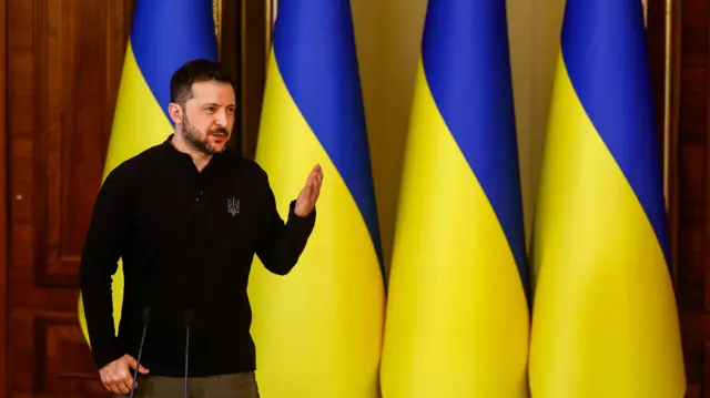 Zelensky speaks to reporters in Kyiv on Wednesday