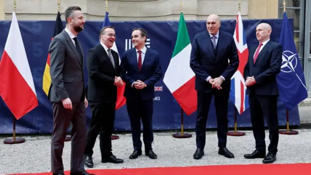 Poland's Defence Minister Wladyslaw Kosiniak-Kamysz, German Defence Minister Boris Pistorius, French Defence Minister Sebastien Lecornu, Italy's Defence Minister Guido Crosetto and Britain's Defence Secretary John Healey