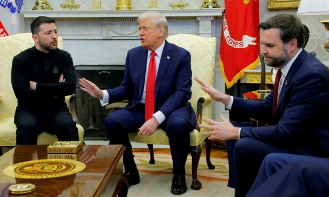 President Donald Trump meets with Ukrainian President Volodymyr Zelenskiy as U.S. Vice President JD Vance reacts at the White House in Washington