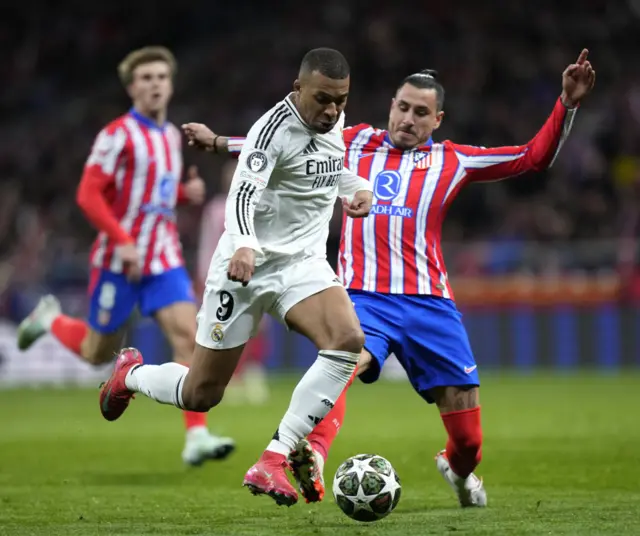 Kylian Mbappe' of Real Madrid competes for the ball.