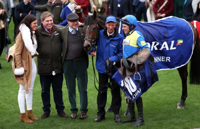 Harry Skelton and Dan Skelton celebrate with Langer Dan after winning the 2024 Coral Cup