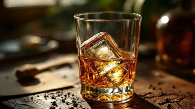 A glass of whiskey with an ice cubes in it.