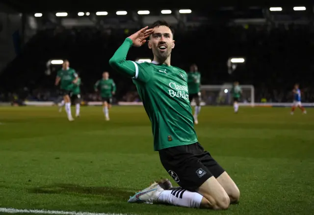 Plymouth's Ryan Hardie celebrates scoring against Portsmouth