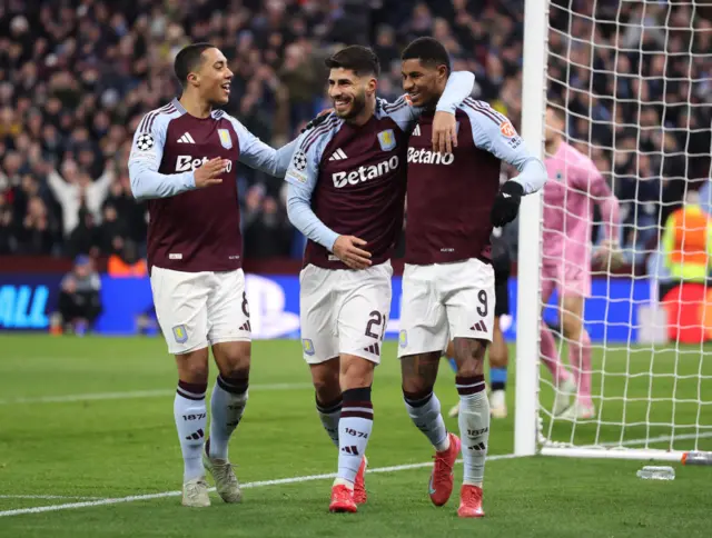 Marco Asensio of Aston Villa celebrates scoring his team's third goal.