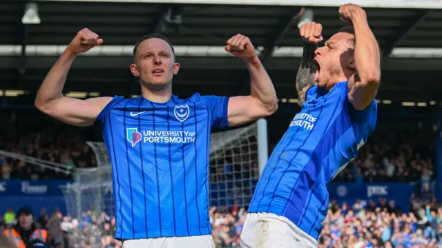 Portsmouth's Colby Bishop celebrates scoring against Leeds with Josh Murphy