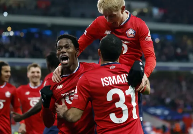Lille's Jonathan David celebrates.