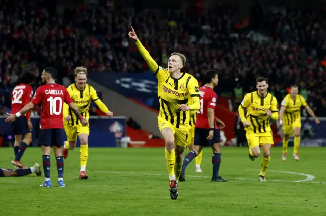 Borussia Dortmund's Maximilian Beier celebrates scoring their second goal.