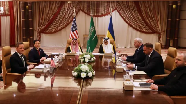 U.S. National Security Advisor Mike Waltz, U.S. Secretary of State Marco Rubio, Saudi Foreign Minister Faisal bin Farhan and National Security Advisor Mosaad bin Mohammad al-Aiban, Ukrainian Foreign Minister Andrii Sybiha, Ukrainian Head of Presidential Office Andriy Yermak and Ukrainian Minister of Defense Rustem Umerovto attend a meeting between the US and Ukraine hosted by the Saudis on March 11, 2025 in Jeddah, Saudi Arabia