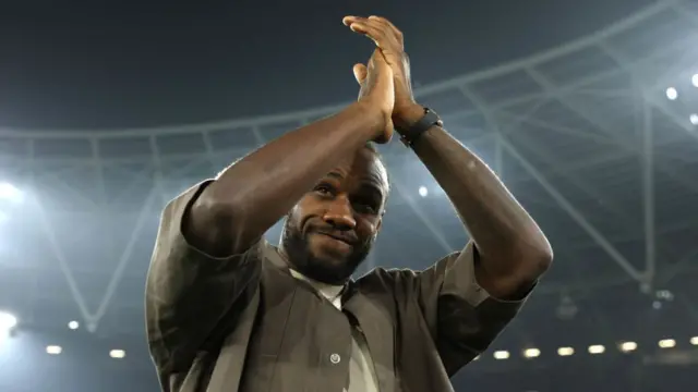 Michail Antonio of West Ham United applauds to the fans at London Stadium.