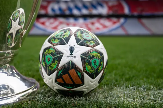 UEFA Champions League trophy and 2024 Final match ball at Allianz Arena