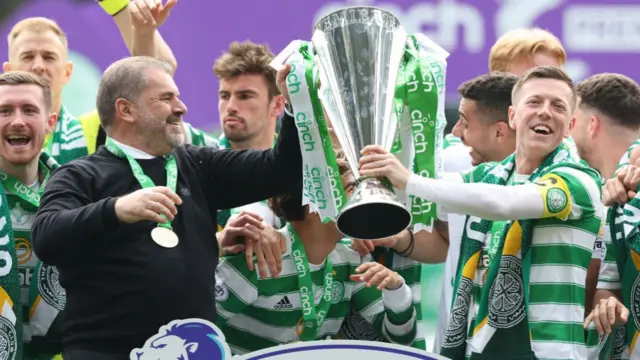 Celtic manager Ange Postecoglou and Celtic captain Callum McGregor hold the Cinch Scottish Premier League trophy