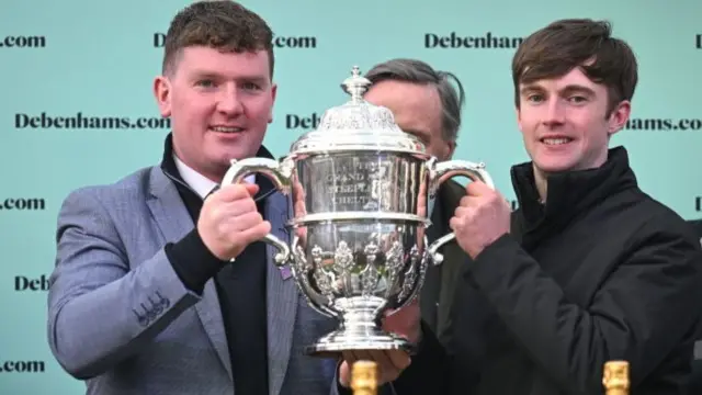 Alan O'Sullivan (right) with trainer Cian Collins after Jazzy Matt's win