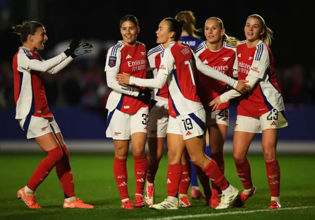 Caitlin Foord of Arsenal celebrates her side's second goal.