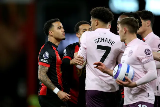 Justin Kluivert of AFC Bournemouth reacts towards Kevin Schade