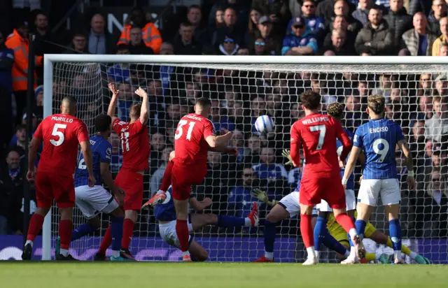 Nottingham Forest's Nikola Milenkovic scores their first goal.