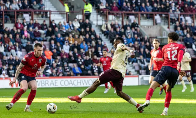 Elton Kabangu pokes Hearts in front at Tynecastle