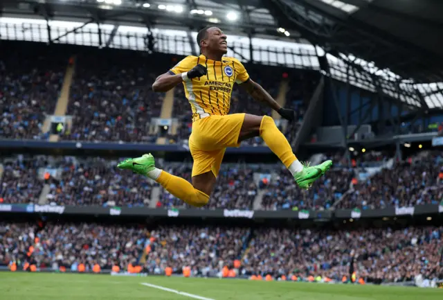 Brighton & Hove Albion's Pervis Estupinan celebrates scoring their first goal