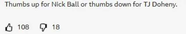 A screenshot of a thumbs up vote asking who will win between Nick Ball and TJ Doheny on a BBC Sport live text commentary