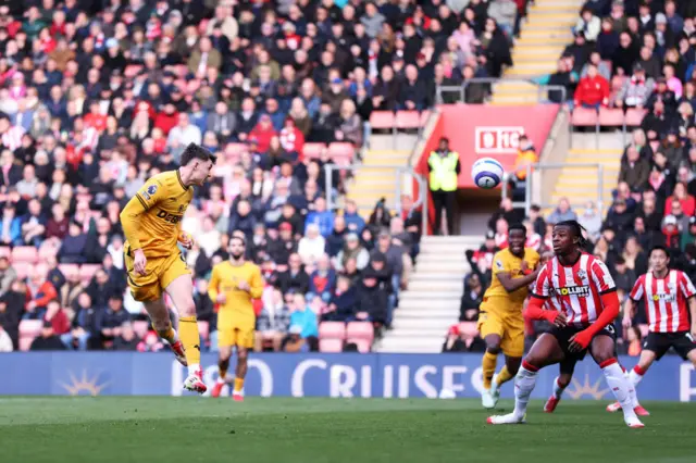 Jorgen Strand Larsen of Wolverhampton Wanderers scores his team's first goal.