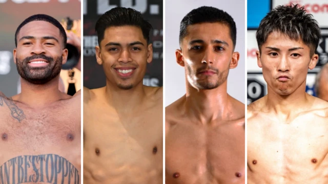 Stephen Fulton, Angelo Leo, Rafael Espinoza and Naoya Inoue all shirtless in a four-way split image