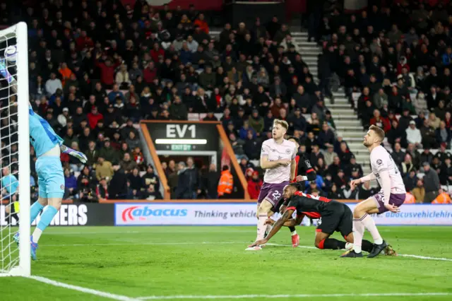 Antoine Semenyo of Bournemouth sees his header come back off the bar