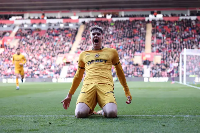 Jorgen Strand Larsen of Wolverhampton Wanderers celebrates