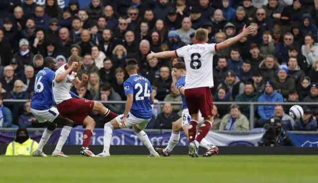 West Ham United's Tomas Soucek scores their first goal.