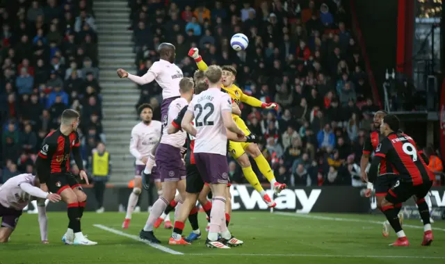 Kepa Arrizabalaga of AFC Bournemouth fails to clear the ball as Yoane Wissa of Brentford scores