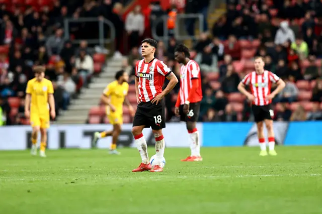 Mateus Fernandes of Southampton dejected during the Premier League match between Southampton FC and Brighton & Hove Albion FC at St Mary's Stadium on February 22, 2025.