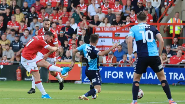 Wrexham's Jack Marriott shoots at goal during their match against Wycombe Wanderers in August