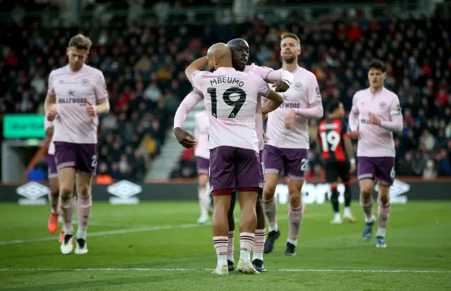 Yoane Wissa of Brentford celebrates scoring his team's first goal.