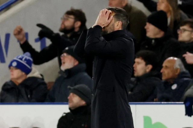 Leicester City manager Ruud van Nistelrooy reacts