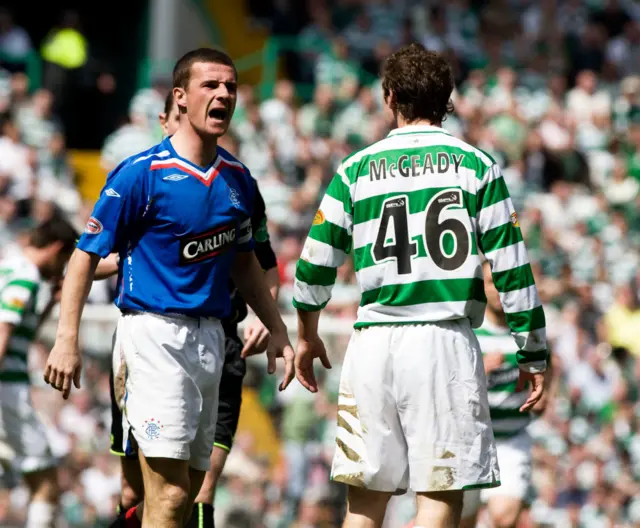 Barry Ferguson (left) has words with Celtic's Aiden McGeady back in 2008