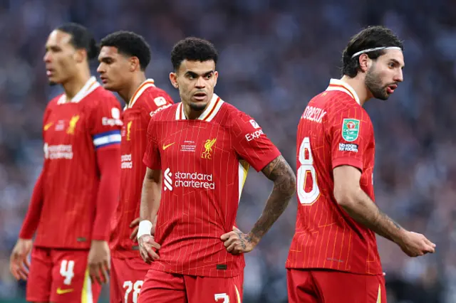 Dominik Szoboszlai of Liverpool reacts with Luis Diaz & team-mates