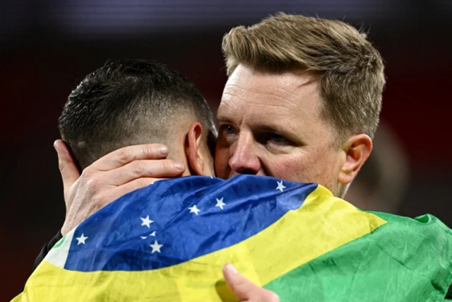 Newcastle boss Eddie Howe hugs Bruno Guimaraes