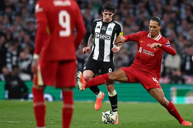 Sandro Tonali (C) vies with Liverpool's Dutch defender Virgil van Dijk