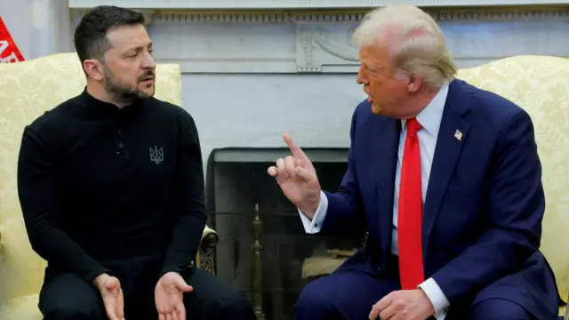 Trump speaks to Zelensky in the Oval Office, pointing his finger, while Zelensky responds. Trump wears a suit, while Zelensky wears a black top.