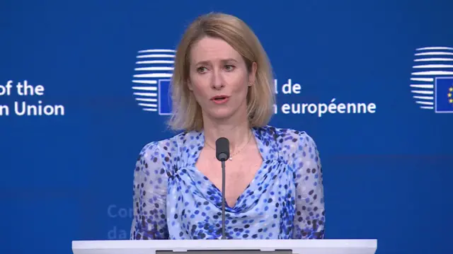 Kaja Kallas, the European Union's foreign policy chief, speaking at the news conference. She is standing in front of a lectern which has a mic on it. The background is blue.