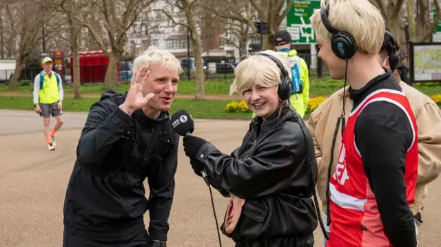 A quick pause to chat to Radio 1's Danni Diston and Sam MacGregor before carrying on the first leg of his Ultra Marathon challenge for Red Nose Day